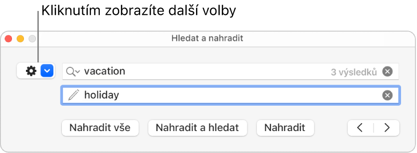 Okno Hledat a nahradit s popiskem místní nabídky obsahující další volby