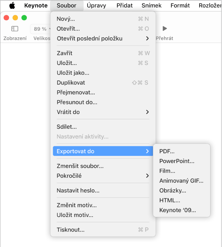 Otevřená nabídka Soubor s vybranou volbou Exportovat do a podnabídkou obsahující volby exportu PDF, PowerPoint, Film, HTML, Obrázky a Keynote ’09