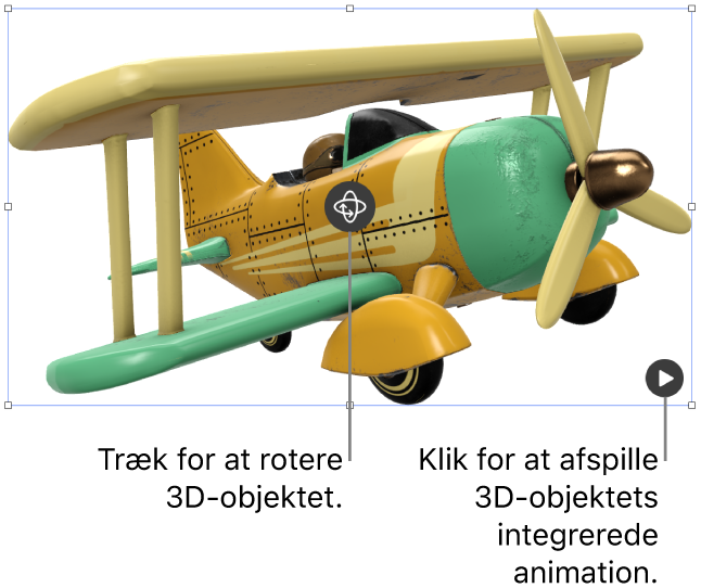 Et 3D-objekt med knappen Roter i midten af objektet og knappen Afspil i det nederste højre hjørne.