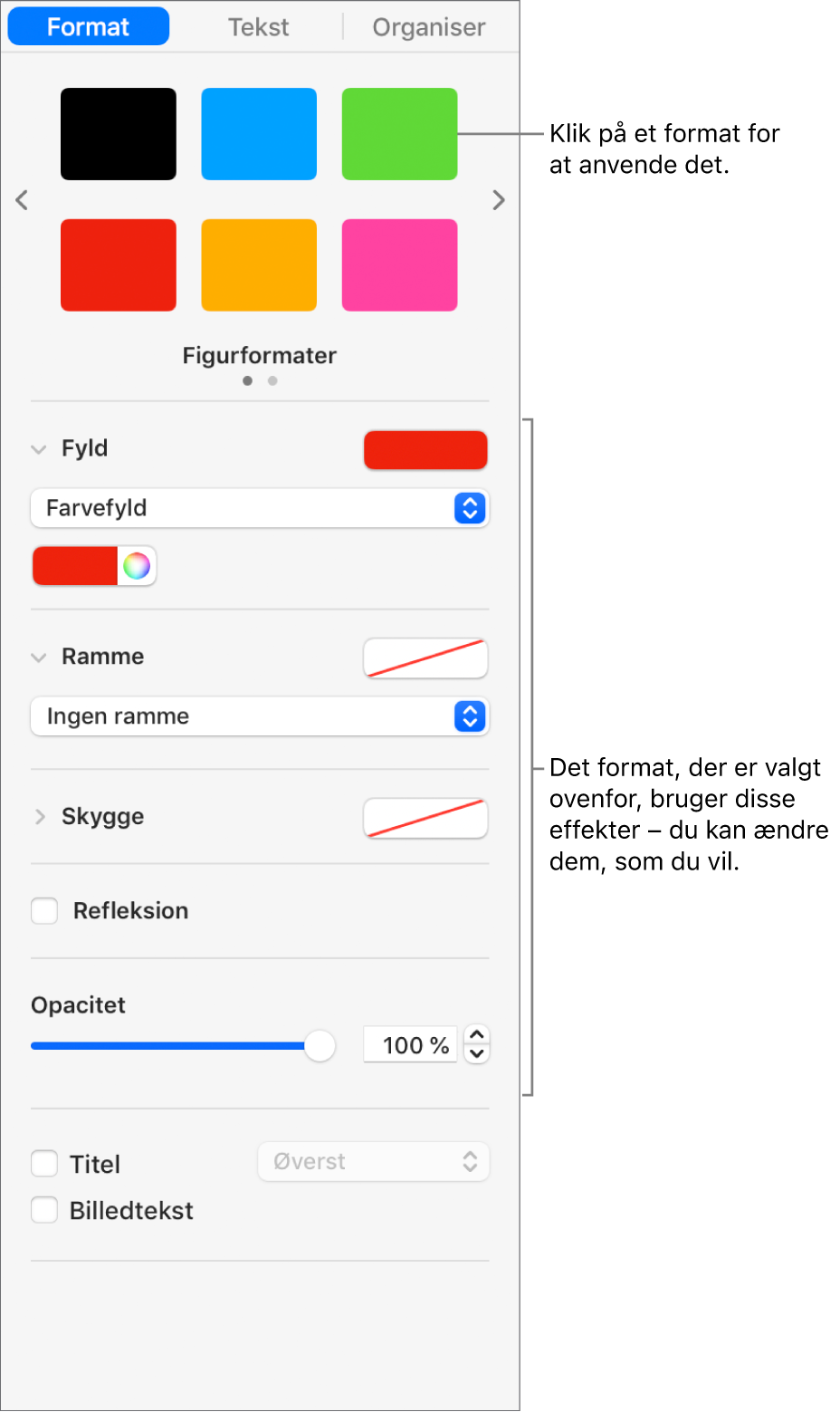 Figurformater og muligheder under Format i indholdsoversigten.