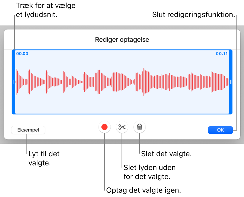 Betjeningsmuligheder til redigering af optaget lyd. Håndtag viser den valgte sektion af optagelsen, og derunder findes knapper til eksempel, optag, tilpas, slet og redigeringsfunktion.