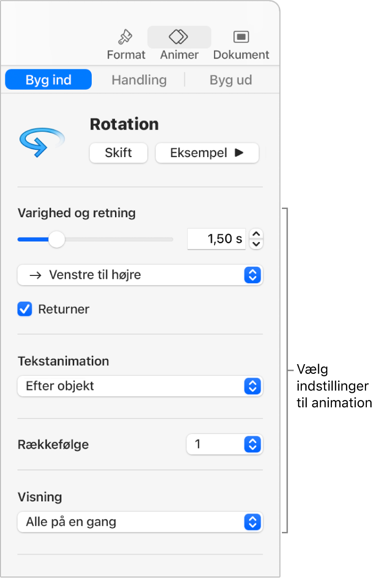 Muligheder til Byg ind under Animer i indholdsoversigten.