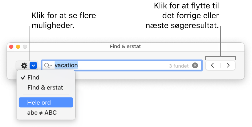 Vinduet Find & erstat med lokalmenuen, der viser mulighederne Find, Find & erstat, Hele ord og abc ≠ ABC. Med pilene til højre kan du hoppe til de forrige eller næste søgeresultater.