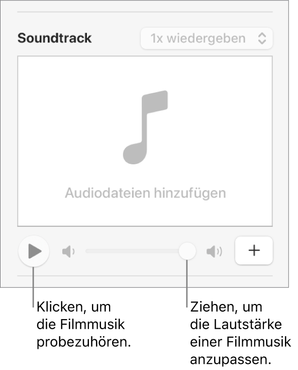 Die Steuerelemente „Soundtrack“ mit der markierten Taste „Wiedergeben“ und dem markierten Lautstärkeregler