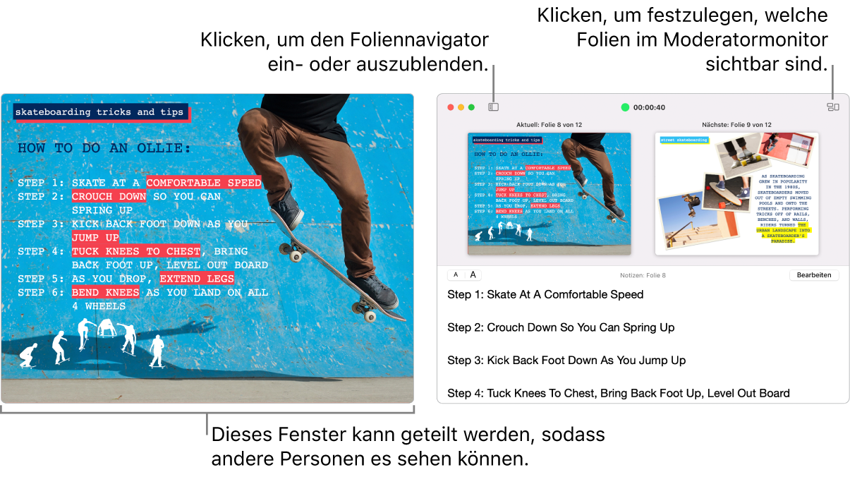 Eine Keynote-Präsentation, die in einem Fenster angezeigt wird, und in einem zweiten Fenster der Moderatormonitor mit dem Foliennavigator, den Moderatornotizen und einer Folienvorschau
