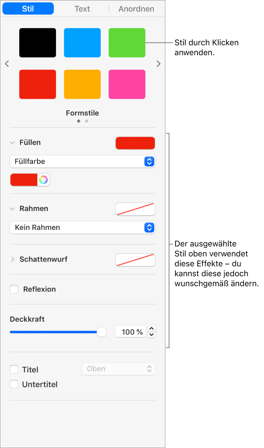 Formstile und -optionen im Bereich „Format“ der Seitenleiste