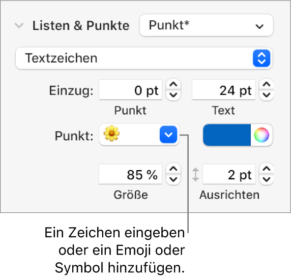 Der Abschnitt „Listen & Punkte“ in der Seitenleiste „Format“ Das Feld „Punkt“ mit einem Blumen-Emoji