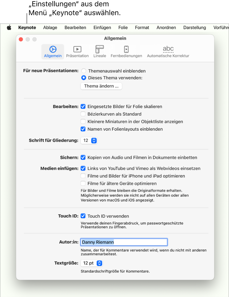 Das Keynote-Einstellungsfenster mit dem geöffneten Bereich „Allgemein“.