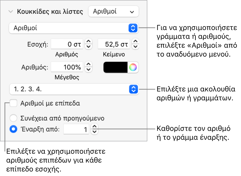 Στοιχεία ελέγχου για την αλλαγή του στιλ αριθμών και της απόστασης σε μια λίστα.