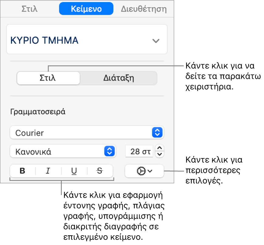 Τα στοιχεία ελέγχου στιλ στην πλαϊνή στήλη με επεξηγήσεις για τα κουμπιά «Έντονα», «Πλάγια», «Υπογράμμιση» και «Διακριτή διαγραφή».