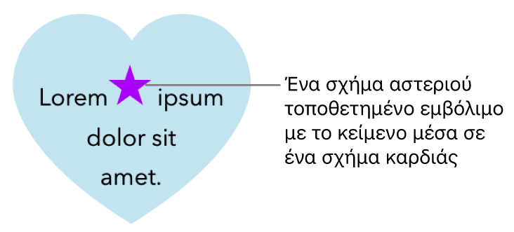 Ένα σχήμα αστεριού εμφανίζεται εμβόλιμα με κείμενο μέσα σε ένα σχήμα καρδιάς.