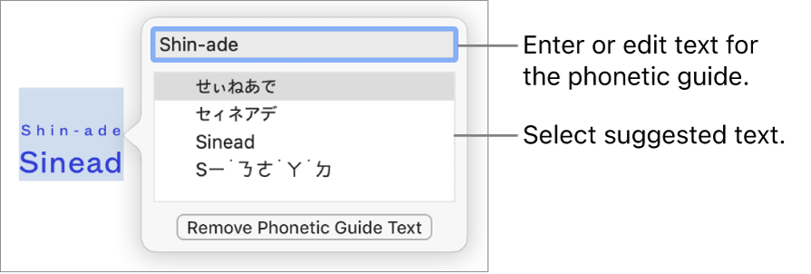 The phonetic guide open for a word, with call outs to the text field and suggested text.