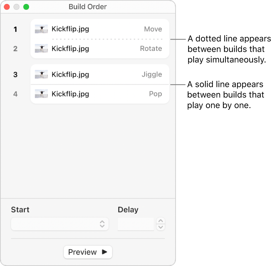 The Build Order menu, with a dotted line appearing between builds that play simultaneously and a solid line between builds that play one by one.