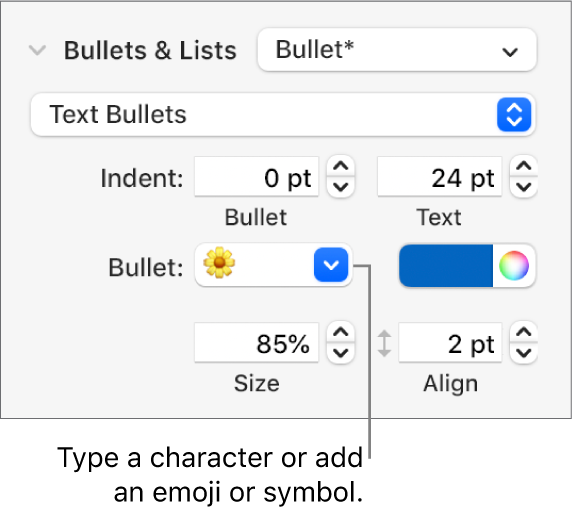 The Bullets & Lists section of the Format sidebar. The Bullet field shows a flower emoji.