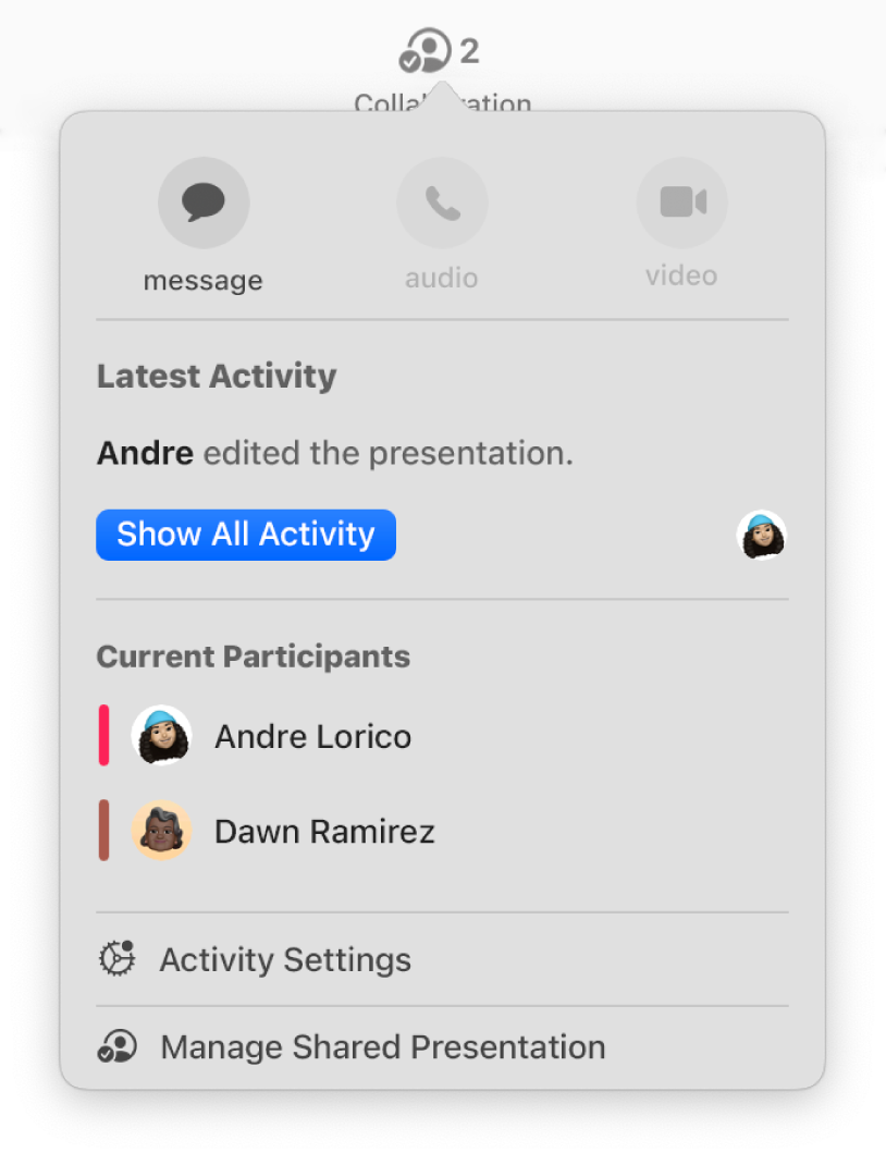 The collaboration menu showing the names of people collaborating on the presentation.