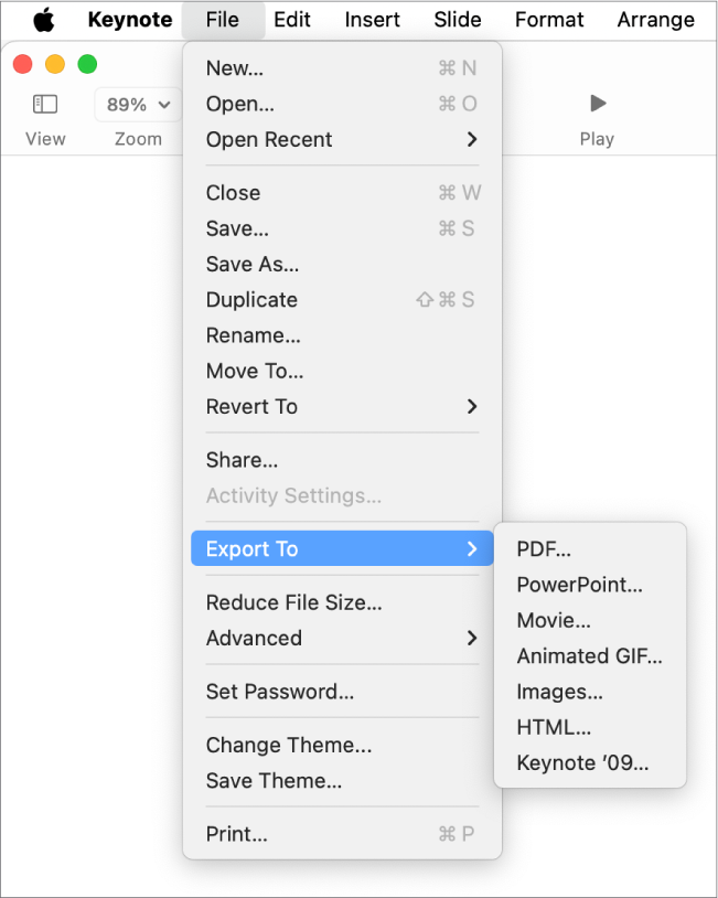 The File menu open with Export To selected and its submenu showing export options for PDF, PowerPoint, Movie, HTML, Images and Keynote ’09.