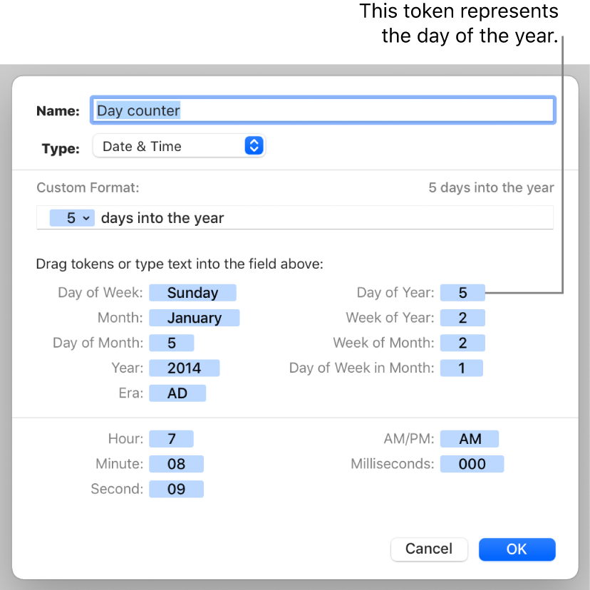 The custom cell format window with controls for creating a custom date and time format.