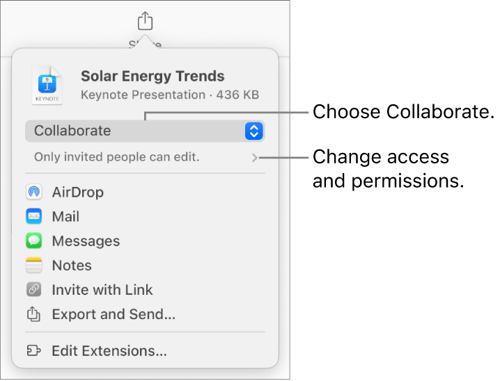 The Share menu with Collaborate selected at the top, and access and permission settings underneath.