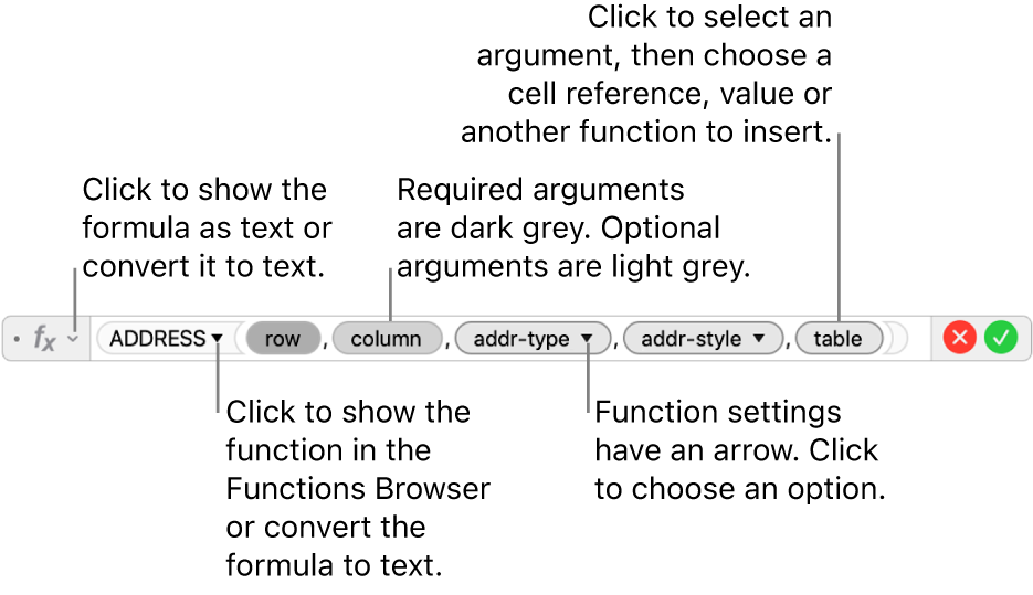 The Formula Editor showing the ADDRESS function and its arguments tokens.