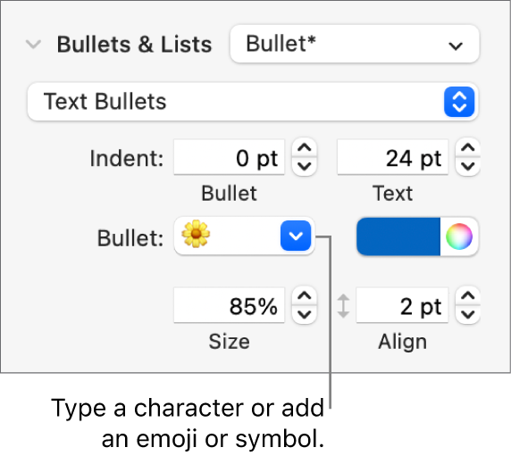 The Bullets & Lists section of the Format sidebar. The Bullet field shows a flower emoji.