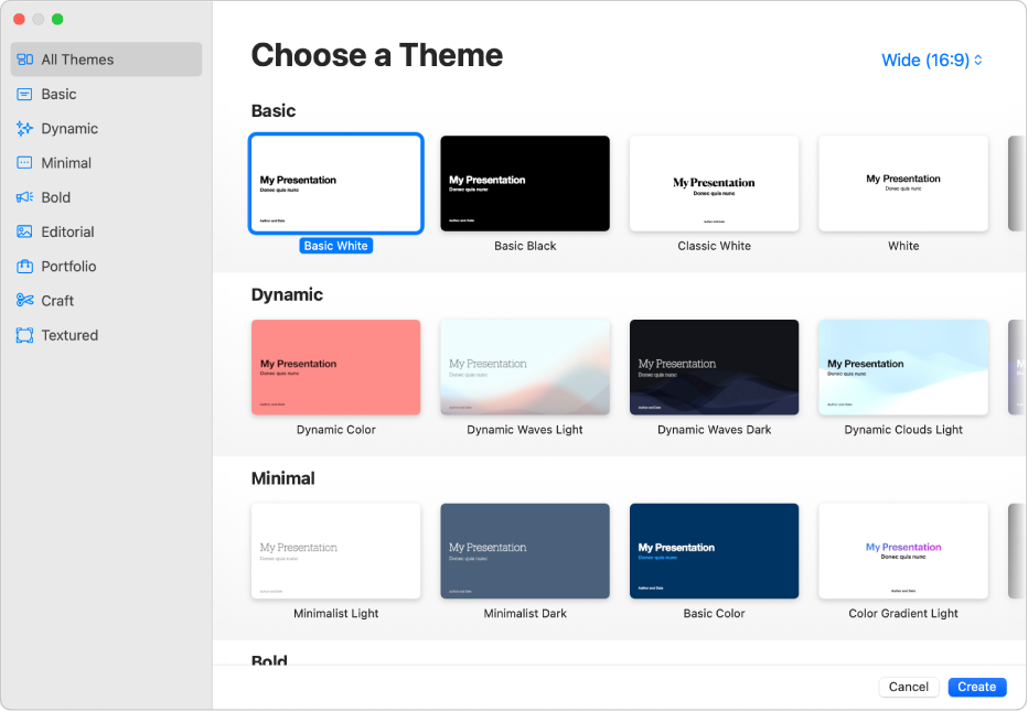 The theme chooser. A sidebar on the left lists theme categories you can click to filter options. On the right are thumbnails of predesigned themes arranged in rows by category.