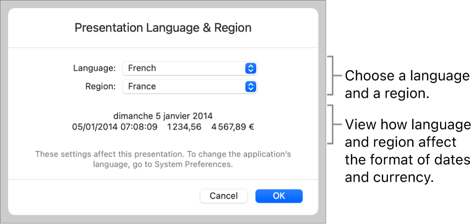 Language & Region pane with controls for language and region, and a format example including date, time, decimal, and currency.