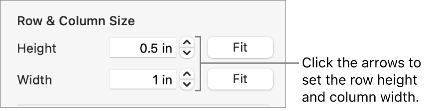 The controls for setting a precise row or column size.