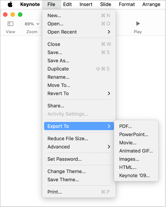 The File menu open with Export To selected and its submenu showing export options for PDF, PowerPoint, Movie, HTML, Images, and Keynote ’09.