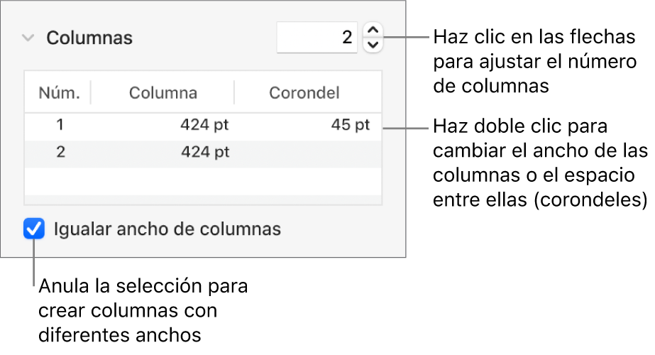 Controles de la sección de columnas para cambiar el número de columnas y el ancho de cada columna.