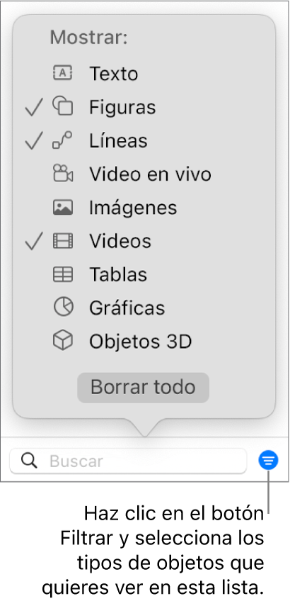 El menú desplegable Filtrar abierto, con una lista de los tipos de objeto que puedes incluir la lista (texto, formas, líneas, imágenes, videos, tablas y gráficas).