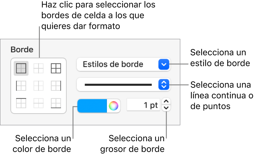 Controles de la barra lateral para cambiar el aspecto de los bordes de las celdas.