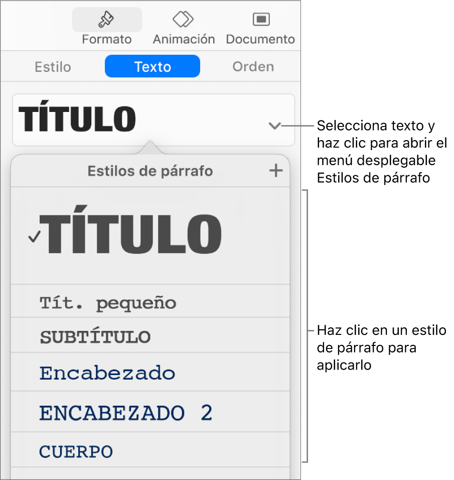 El menú Estilos de párrafo con una marca de verificación junto al estilo seleccionado.