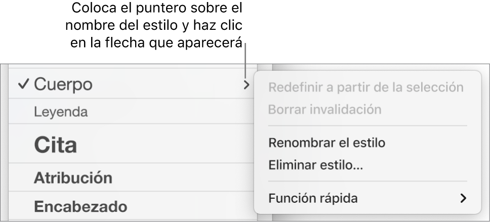 El menú de Estilos de párrafo con el menú de función rápida abierto.