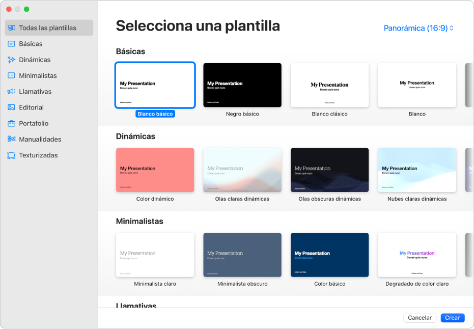 El selector de plantilla. A la izquierda aparece una barra lateral que muestra categorías de plantillas en las que puedes hacer clic para filtrar las opciones. A la derecha se encuentran miniaturas de plantillas prediseñadas organizadas por categoría.