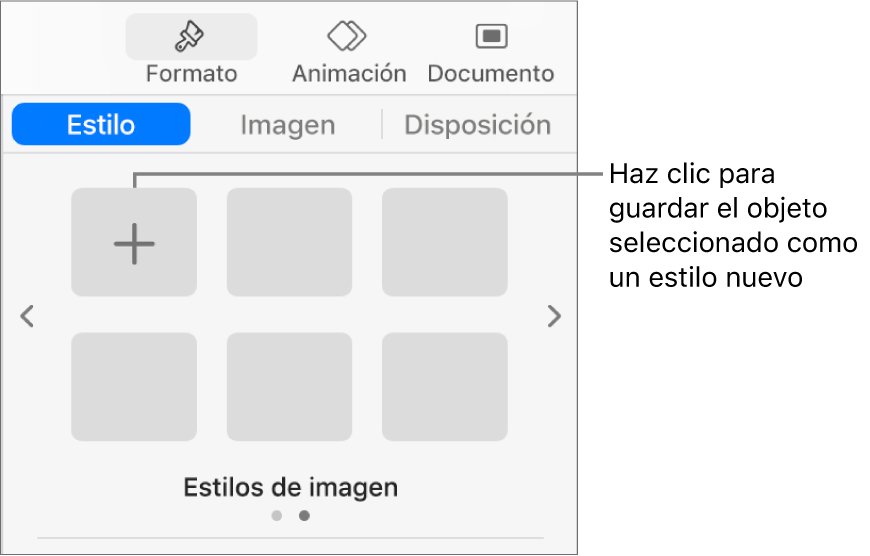 La pestaña Estilo de la barra lateral Formato con un estilo de cuadro de texto, el botón “Crear estilo” a su derecha y cuatro marcadores de posición de estilo vacíos.