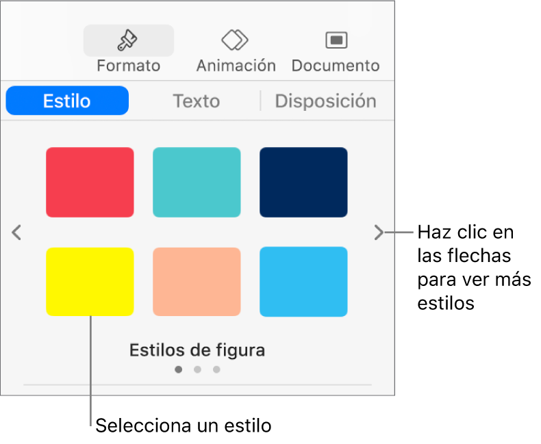 La pestaña Estilo de la barra lateral Formato con seis estilos de objetos y flechas de navegación a la izquierda y a la derecha.