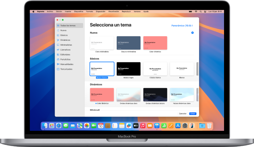 Un MacBook Pro con el selector de tema de Keynote abierto en la pantalla. En la izquierda está seleccionada la categoría “Todos los temas” y en la derecha aparecen los temas prediseñados en filas por categorías. El menú desplegable de idioma y región se encuentra en la esquina inferior izquierda, y el menú Estándar y Panorámica, en la inferior derecha.