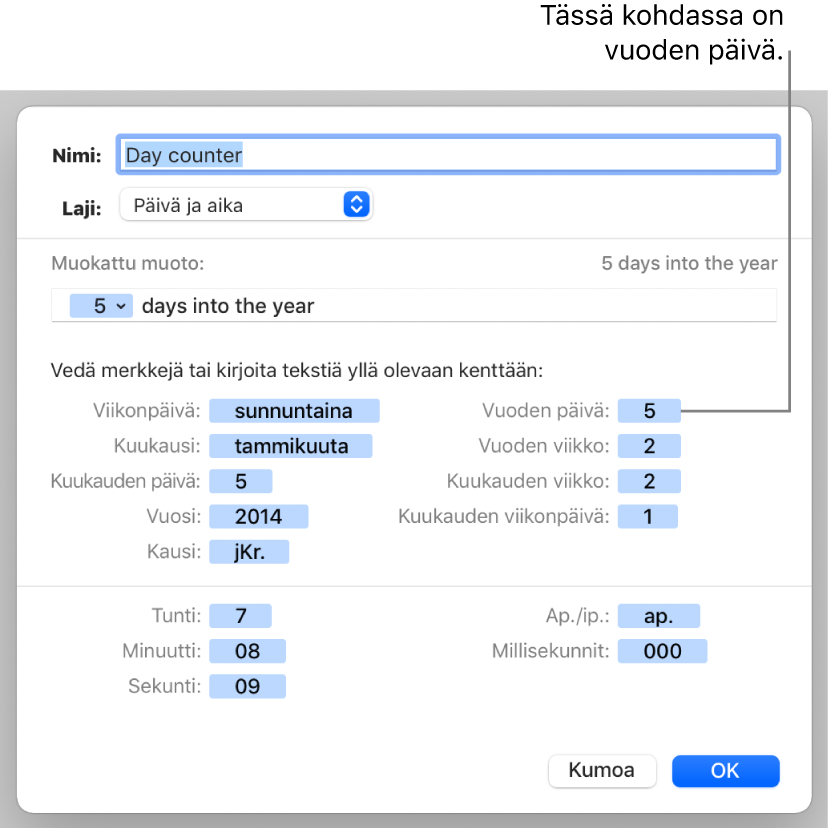 Muokatun solumuodon ikkuna, jossa on säätimet muokatun päiväys- ja aikamuodon luomista varten.