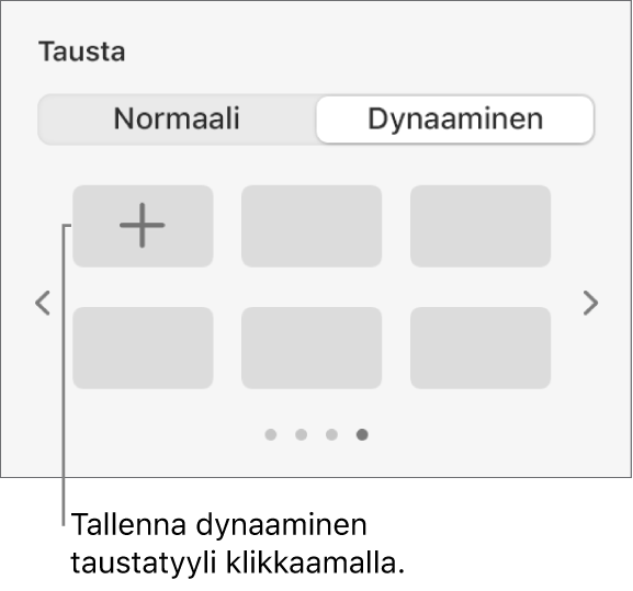 Dynaaminen-painike valittuna Muoto-sivupalkin Tausta-osiossa, ja Lisää tyyli -painike on näkyvillä.