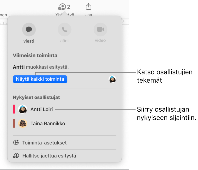 Yhteistyövalikko, jonka luettelossa on kaksi nykyistä osallistujaa.