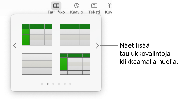 Lisää taulukko -osio, jossa on selausnuolet vasemmalla ja oikealla.