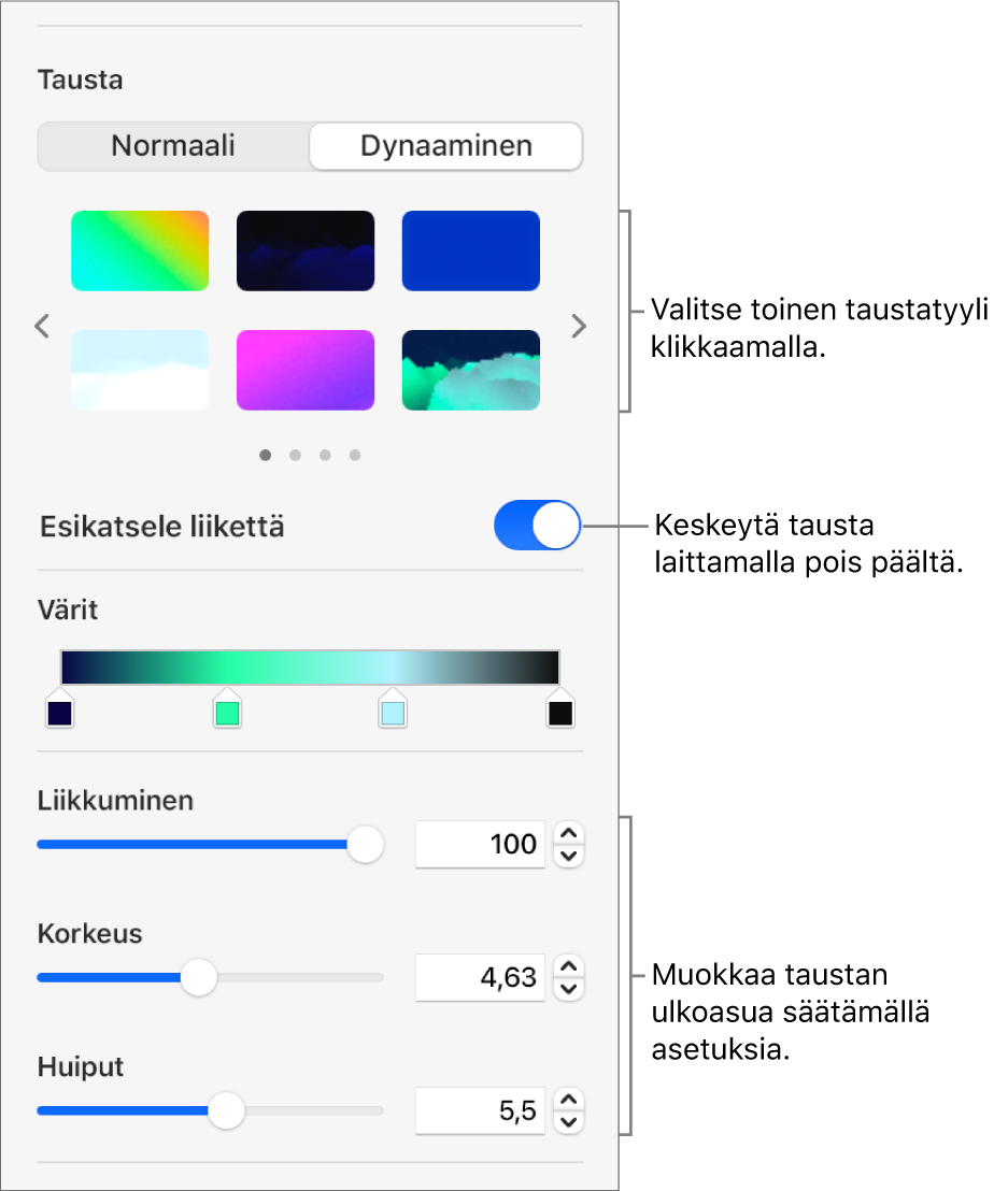 Dynaaminen-painike valittuna Muoto-sivupalkin Tausta-osiossa. Näkyvillä ovat dynaamiset taustatyylit, liikkeen esikatselun säädin ja ulkoasun säätimet.