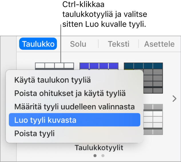 Taulukkotyylien oikotievalikko.