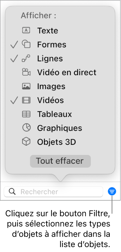 Le menu contextuel Filtrer ouvert, avec les types d’objets qui peuvent être compris dans la liste (texte, formes, lignes, images, vidéos, tableaux et graphiques).