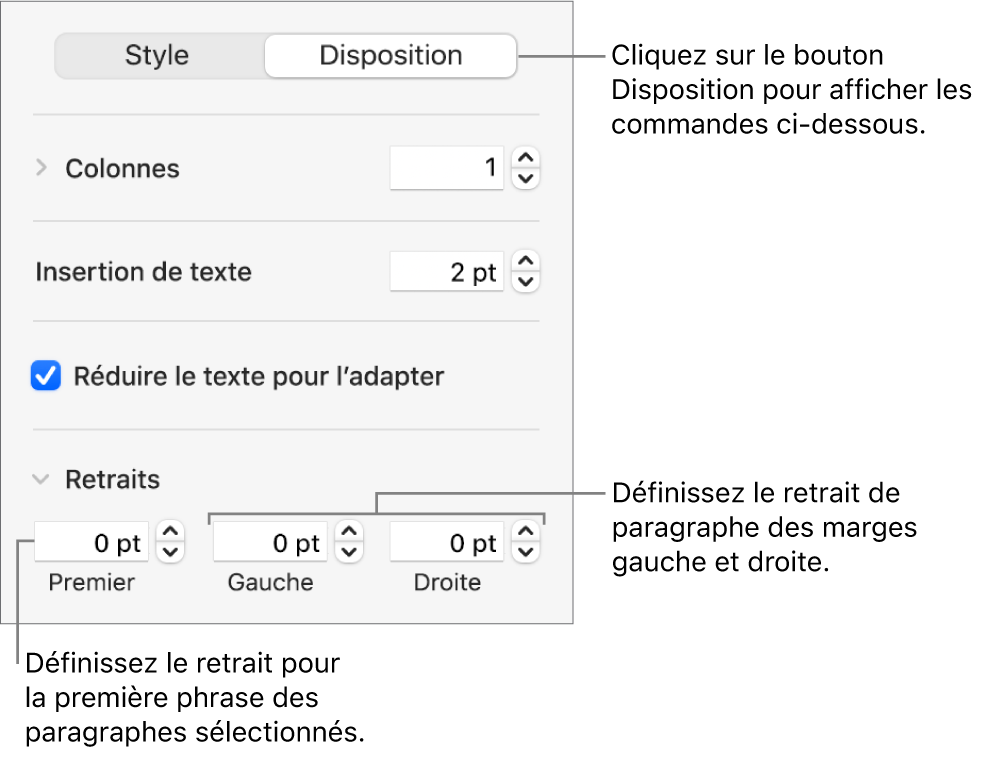 La section Disposition de la barre latérale Format, présentant les commandes définissant le retrait de première ligne et les marges de paragraphe.