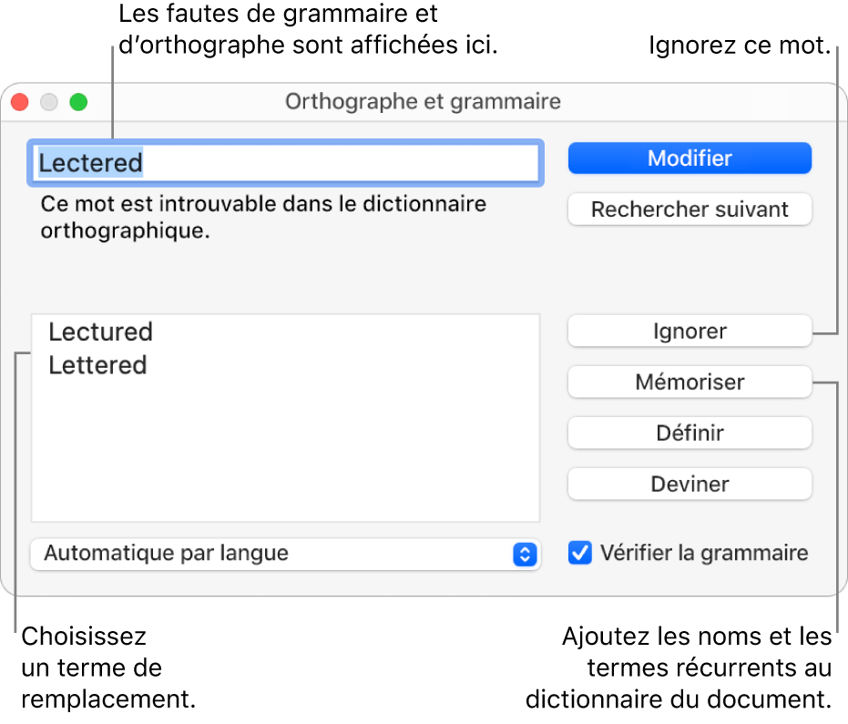 La fenêtre Orthographe et grammaire.