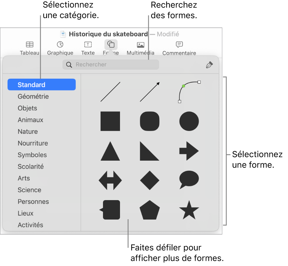 La bibliothèque de formes, avec les catégories répertoriées sur le côté gauche et les formes affichées sur le côté droit. Vous pouvez utiliser le champ de recherche situé en haut pour rechercher des formes. Vous pouvez également parcourir l’écran pour en trouver d’autres.