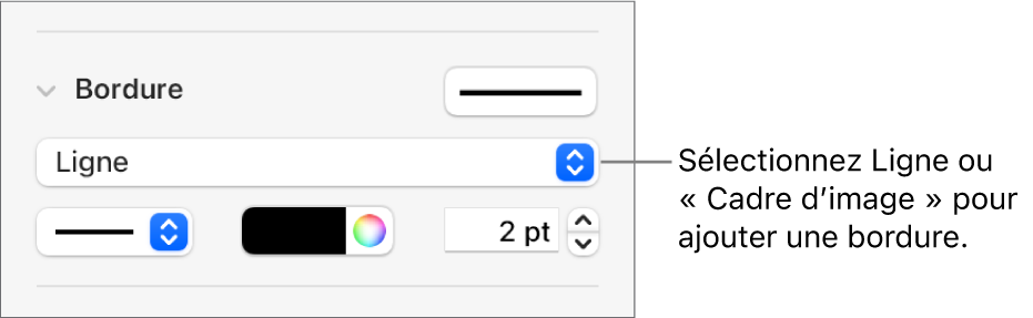 Les commandes de style de bordure dans la barre latérale Format avec l’option Ligne sélectionnée comme type de bordure.