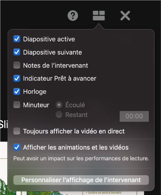 Les options de l’affichage de l’intervenant, y compris Diapositive active, Diapositive suivante, Notes de l’intervenant, Indicateur Prêt à avancer, Horloge et Minuteur. Le minuteur propose des options supplémentaires permettant d’afficher le temps passé et le temps restant.