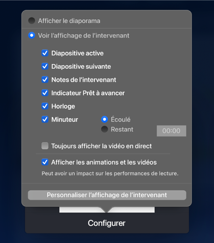 Des options permettant de choisir le contenu à afficher sur chaque écran. Vous pouvez afficher le diaporama ou afficher l’affichage de l’intervenant, comprenant des options telles que Diapositive active, Diapositive suivante, Notes de l’intervenant, Indicateur Prêt à avancer, Horloge et Minuteur. Le minuteur propose des options supplémentaires permettant d’afficher le temps passé et le temps restant.